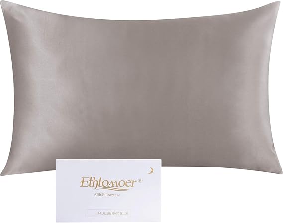 Ethlomoer 100% Natural Pure Silk Pillowcase for Hair and Skin, 19 Momme on Both Sides, 600 Thread Count, Design with Hidden Zip, 1 Piece, 40 x 60 cm, Dark Grey
