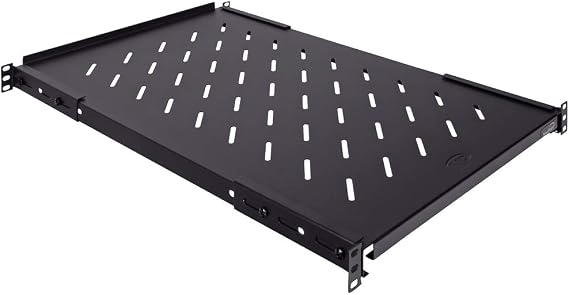 Vented 4-Post Shelf, Adjustable, Black, 750 mm Depth, 1U, 242 lbs, Cold Rolled Steel