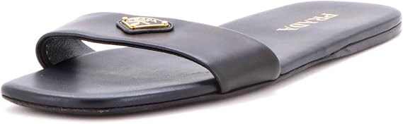 Pre-Loved Women's Triangle Logo Slide Sandals Nappa Leather, Black