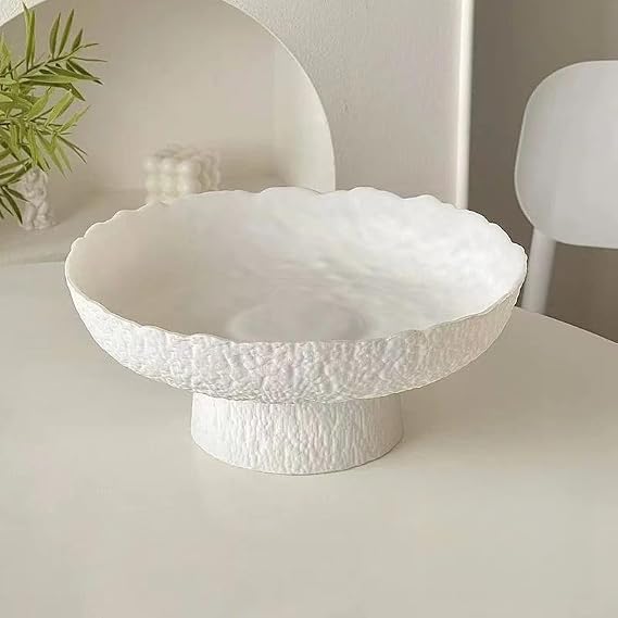 Decorative Fruit Bowls for kitchen decor Counter 10.4,Large Modern Serving Bowl, High Foot with Irregular Edge Design, High-Temperature Fired Thickened Glass Bowl, White