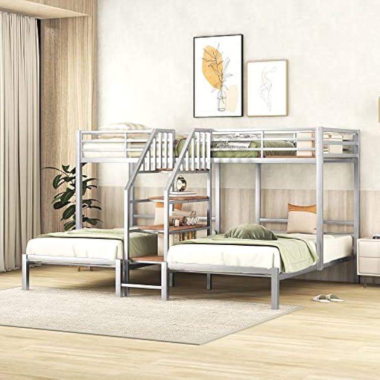 Twin Over Twin & Twin Bunk Bed with Storage, Metal Bunk Bed with Shelves and Staircase, No Box Spring Needed, Silver