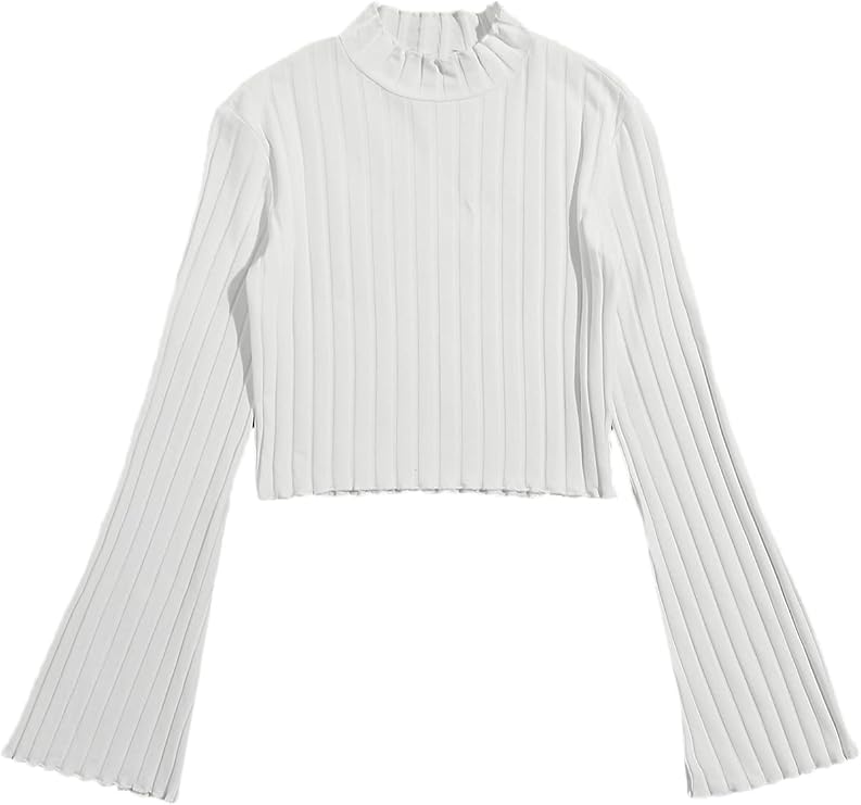 SweatyRocks Women's Long Flounce Sleeve Crop Top Stand Collar Ribbed Knit T-Shirt