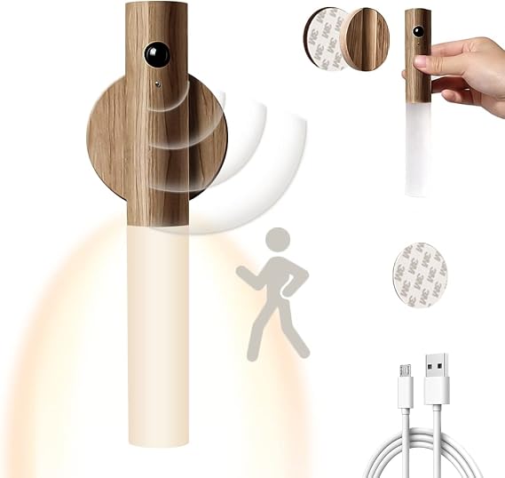 Ahşap duvar lambası, şarj edilebilir, USB, anahtarlı, kablosuz iç mekan duvar lambası, hareket dedektörlü, LED duvar lambası, pille çalışan, manyetik, sıcak beyaz [Enerji Sınıfı A++]