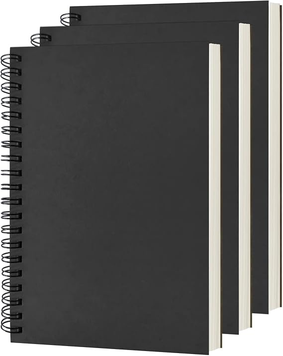 DSTELIN Blank Spiral Notebook, 3-Pack, Soft Cover, Sketch book, 100 Pages / 50 Sheets, 7.5 inch x 5.1 inch, 100GSM, (Black)