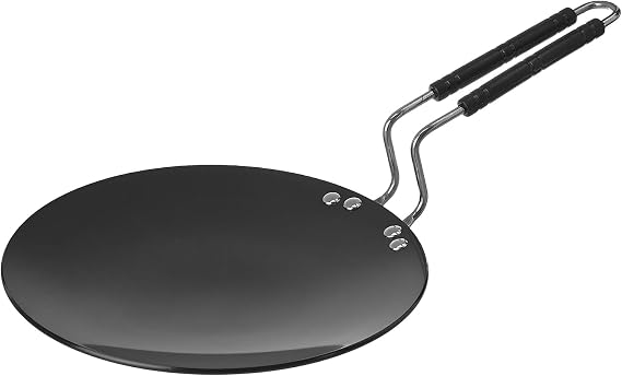 Cast Iron Roti Tawa 26 cm, Pre-Seasoned Flat Tawa for Roti Chapati Dosa, Naturally Non-Stick Griddle, Heavy Duty Iron Tawa with Steel Riveted Handle, Cooktop Compatible