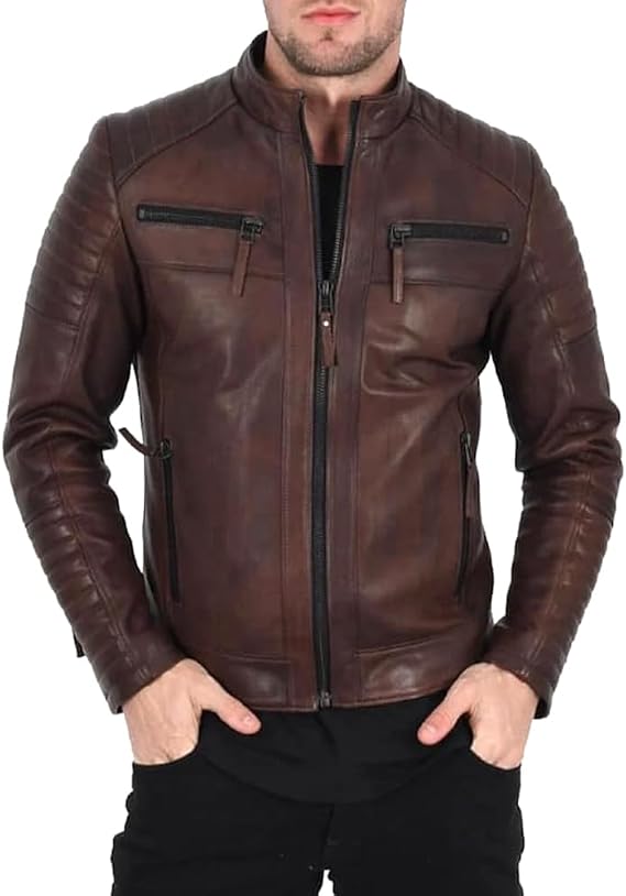 Mens Genuine Leather Biker Jacket Brown| Vintage Distressed Lambskin Motorcycle Jackets for Men