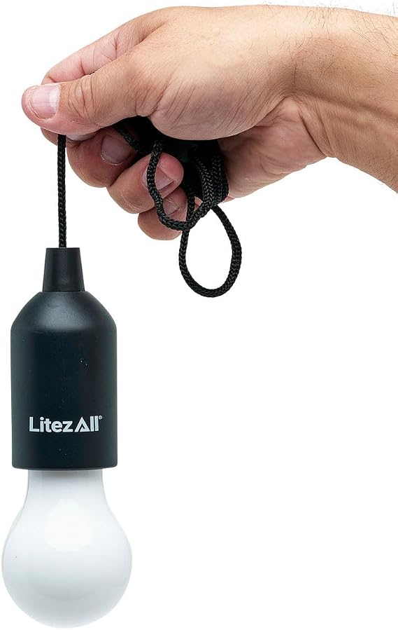 LitezAll Pull String Battery Operated Light Bulb | Portable LED Hanging Lantern with 40-Inch Adjustable Cord | No Wiring Required | Cool to Touch Stick-On Closet, Tent & Emergency Light