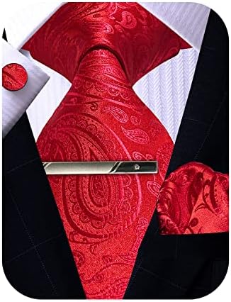 Mens Tie Pocket Square Cufflinks Tie Bar Set, Silk Woven Necktie with Hanky Clip