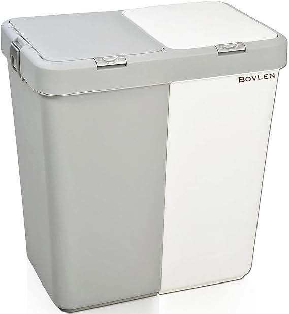Motek 80 Litre Dokunmatik Çamaşır Sepeti - İki Bölmeli Dekoratif Çamaşır Sepeti - Gri Beyaz - 55x35x58.5 cm