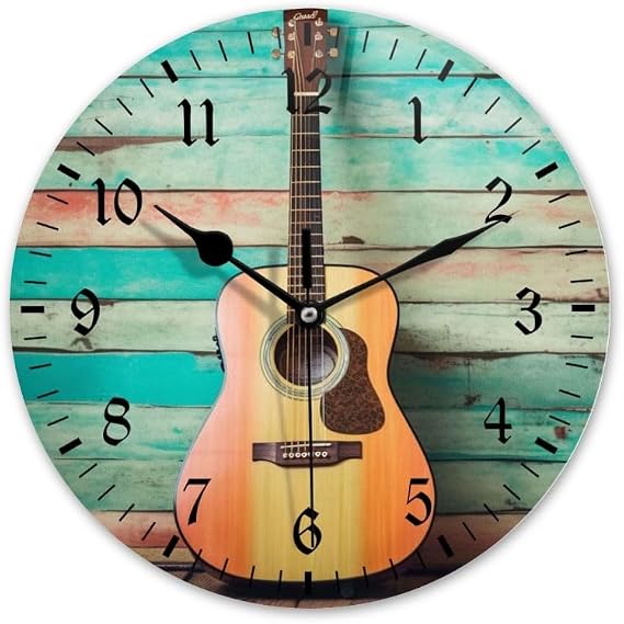 Battery Operated Round Wall Clock Non-Ticking Silent Analog Clcoks Decorative for Living Room,Office,Kitchen-A Beautiful Display of A Crafter Guitar On A Colored Wall(16inch)