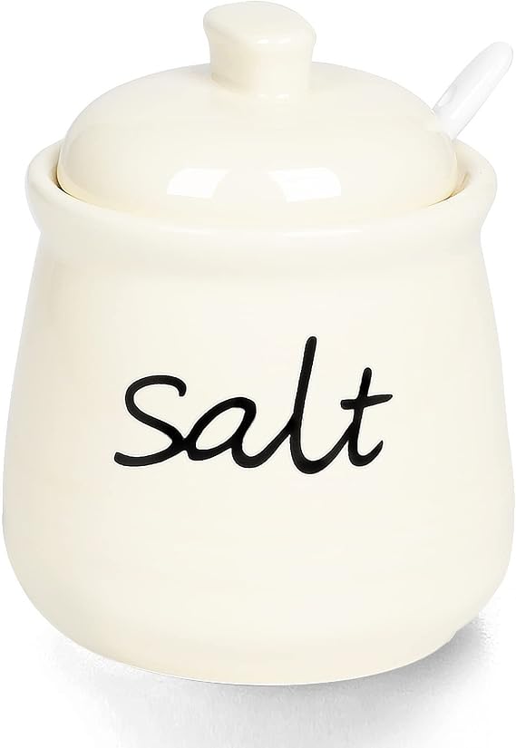 ONTUBE Ceramic Salt Bowl with Lid and Spoon 12oz (Beige)