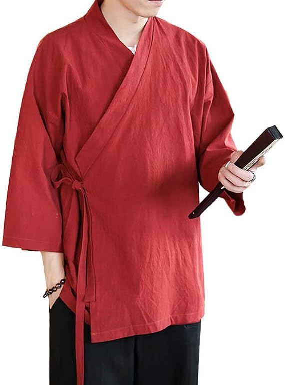 Men's Chinese Style Linen Cardigan Jacket loose kimono Jacket Solid Color Self-tie Hanfu Traditional Clothing