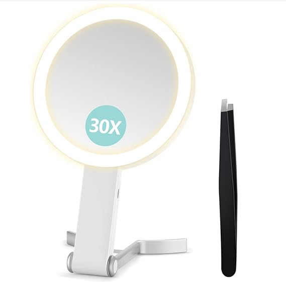B Beauty Planet Magnifying Mirror with Light, Double Sided 30X/1X Magnifying Mirror, Travel Makeup Mirrors with 3 Color Lights, Foldable Makeup Mirrors with Tweezer, Handheld/Tabletop (Cream White)