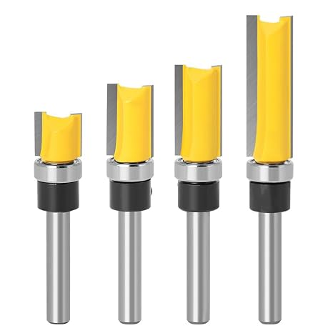 1/4 Inch Shank Flush Trim Router Bit Set with Bearing Pack of 4 | Professional Straight Pattern Router Cutter; Woodworking Template Milling Tools; For Wood Top Trimming And Shaping