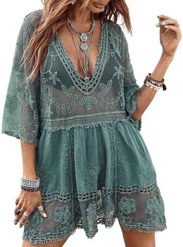 Eomenie Womens Contrast Lace Bathing Suit Cover Up V-Neck Swimsuit Coverups Loose Swimwear Beach Dress Beachwear