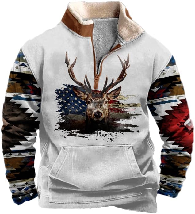 HOTYD Mens 1/4 Zip Fleece Stand Collar Sweatshirt Aztec Graphic Oversized Long Sleeve Pullover Western Hoodies wth Pocket