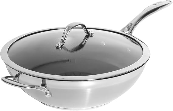 ProCook Professional Stainless Steel Non Stick Wok with Lid & Cool Touch Handles Non Stick Induction Safe Saute Frying Pan - 30cm