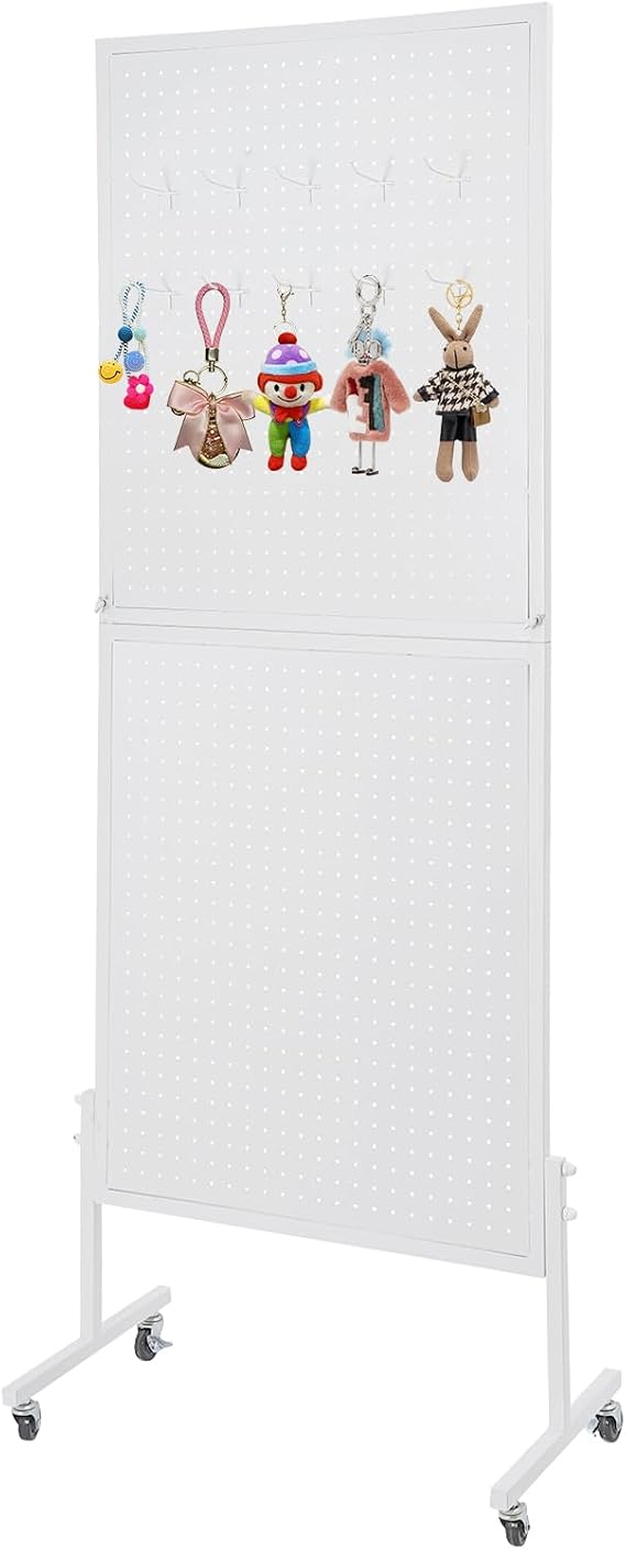 23.6" x 63.8" Pegboard Display Stand, Metal Pegboard Panel on Wheels White Retail Display Stand with Hooks Craft Fair Display Rack Free Standing Peg Board Stand for Vendors Supermarket Retail Store