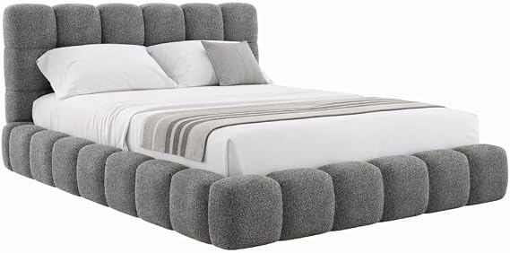 Luxury Boucle Fabric Upholstered Bed Frame with 40-Inch Headboard, Slatted Base, Modern Style – Double & King Size (Teddy Grey, 4FT6 Double)