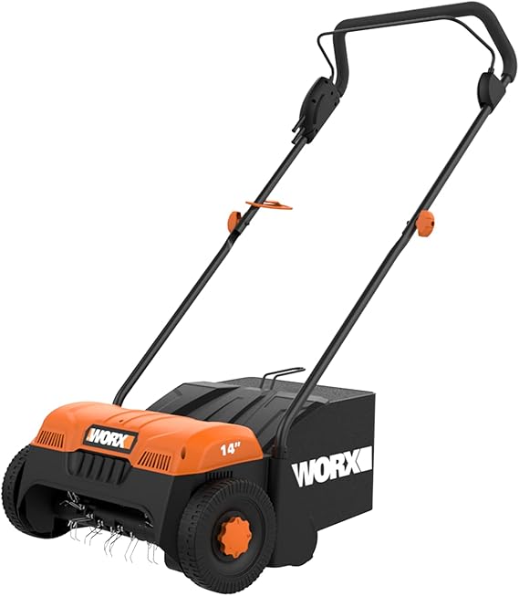 WORX Lawn Dethatcher 12 Amp Corded Electric Scarifier, WG850 | 3 Depth Adjustments; 14-Inch Cutting Width; Collection Bag Included; PowerShare