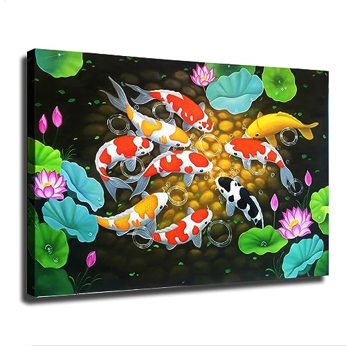 Nine Koi Carp Wall Art Lotus Pond Lucky Carp Feng Shui Poster Wall Art Painting Canvas Wall Decor Modern Family Home Aesthetic Decor Bedroom Living Room Background Wall Decor 0812inch-Framed