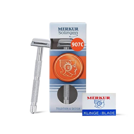 MERKUR 907C Precision Moustache & Eyebrow Razor Bright Chrome Finish, Brass Handle & Die-Cast Zinc Head, Ultra-Narrow Design for Controlled Contour Shaping & Detail Grooming