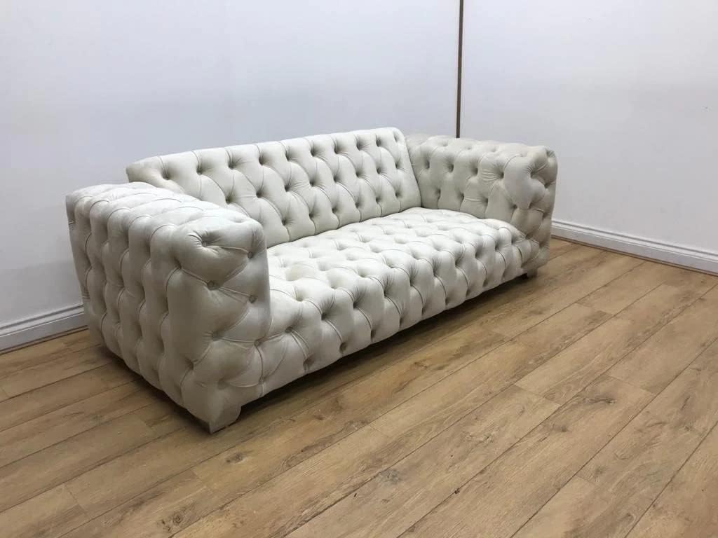 Ashley Chesterfield Upholstered Velvet Corner Sofa Luxurious Modern Cream Plush 3 Seater Couch for Living Room Scatter Back Design Stylish and Comfortable Furniture