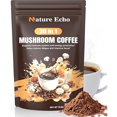 Nature Echo 20 in 1 Mushroom Coffee with Ashwagandha | Lions Mane, Reishi, Cordyceps & More - Low Caffeine Instant Coffee Powder for Focus, Energy, Immune & Gut Support | 2.5 Ounce | Sugar Free