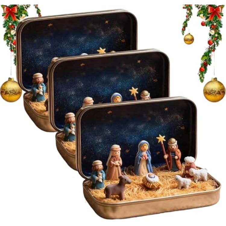 Pocket Nativity, Mini Nativity Set, Pocket Nativity Scene in a Tin Box, Portable Pocket Birth of Jesus Ornament, Christmas Interior Decoration 3 Set
