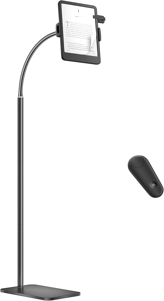 VOLTIFYMAX Kindle Stand Floor with Remote Page Turner for Reading in Bed, Tablet Stand Holder with Adjustable Gooseneck, Compatible with Kindle Accessories/Paperwhite, Hands Free Use Gifts for Readers