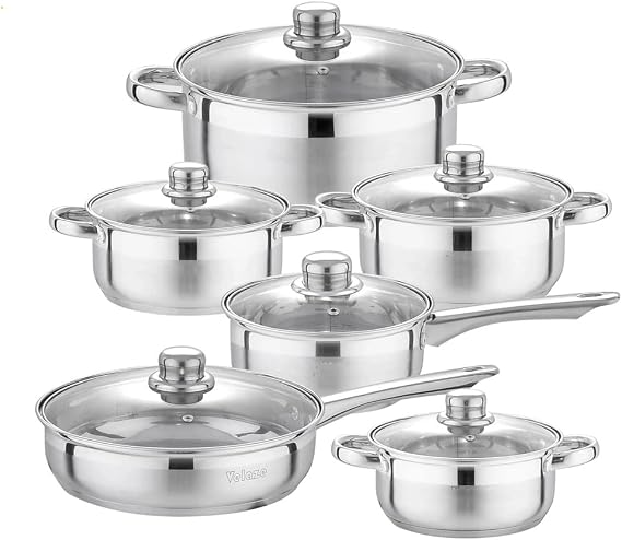 Cookware Set 12-Piece Kitchen Stainless Steel Cooking Pot & Pan Sets,Induction Safe,Saucepan,Casserole,pan with Glass Lid