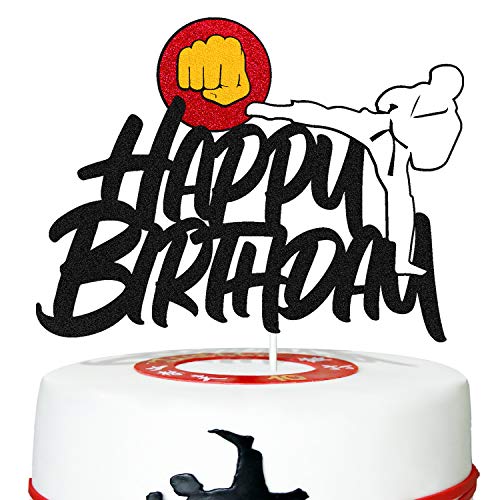 Karate Cake Topper Taekwondo Themed Cake Decorations for Men Women Kids Boy Girl Happy Birthday Party Supplies Sparkle Black Decor