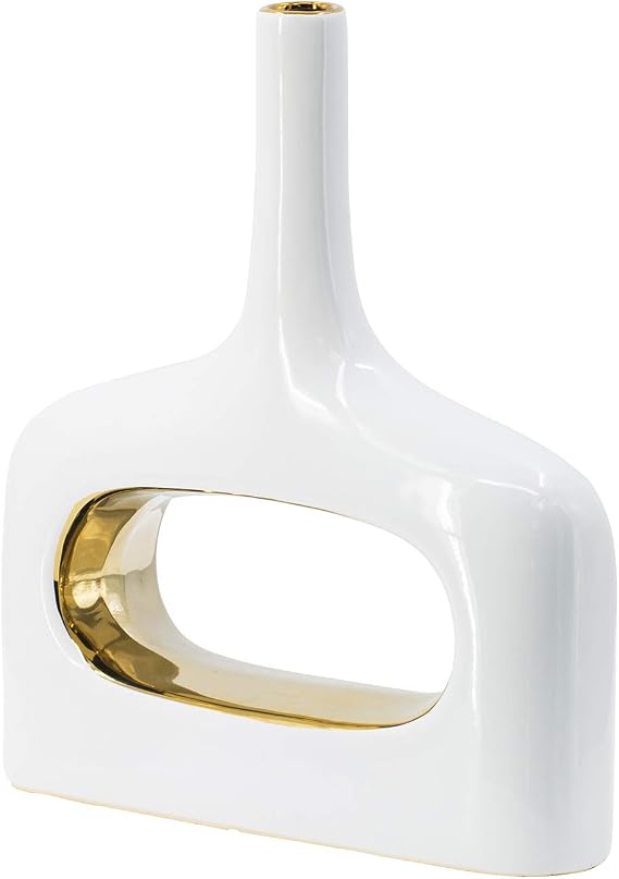A&B Home Open Center Rectangular Ceramic Vase - White, Gold Finish Contemporary Style Dimensions: 11.6" L x 3" W x 13.2" H