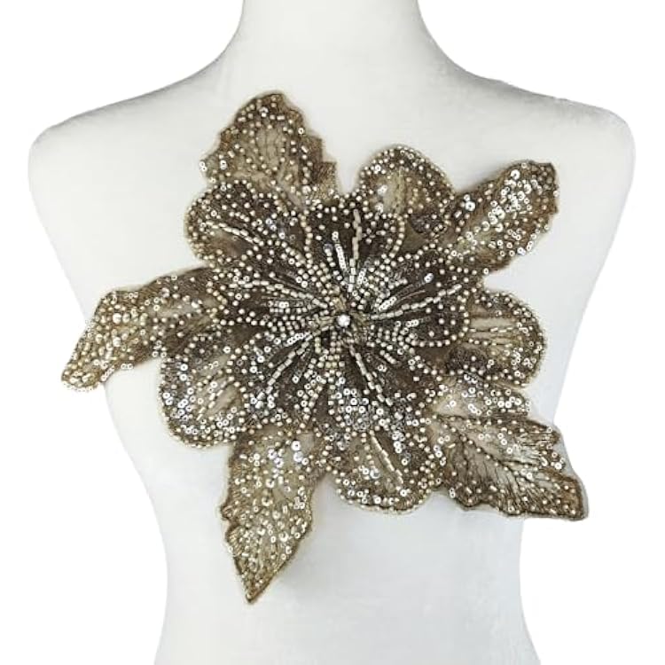 1 PC 3D Lace Sequin Beaded Flower Sew on Embroidered Lace Applique Trim DIY Sewing Patch Wedding Dress Applique Decoration, Khaki, 11.8 x 11 Inch