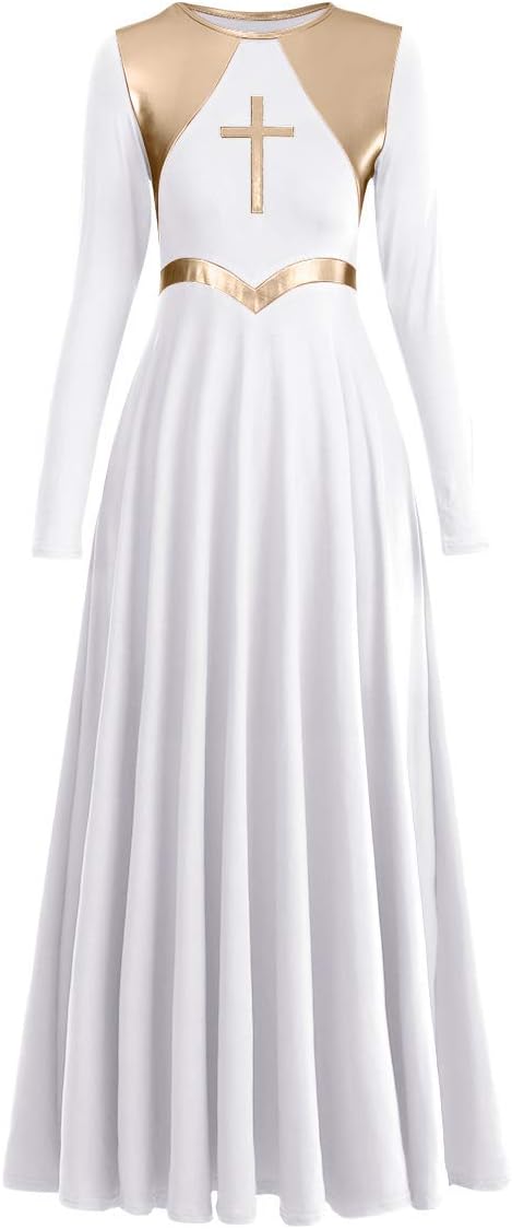 Metallic Cross Praise Dance Dresses for Women Liturgical Worship Praise Loose Fit Full Length Long Sleeve Dance Dress