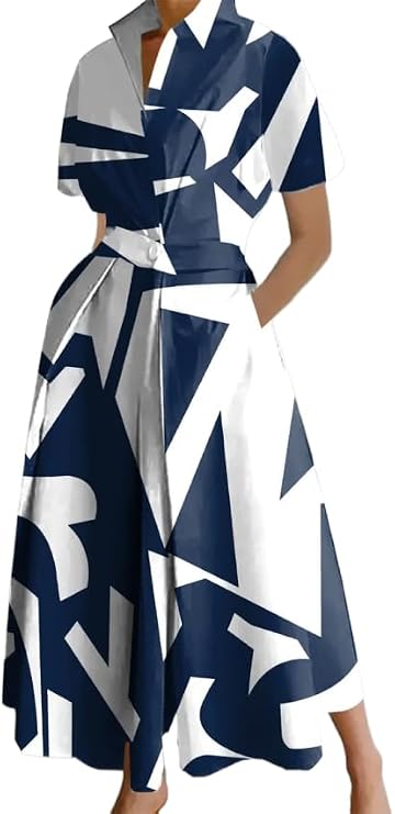 UOOZEE Womens Casual Summer Maxi Dresses Solid Polka Dots V Neck Sleeveless Short Sleeve Shirt Long Dress with Pockets