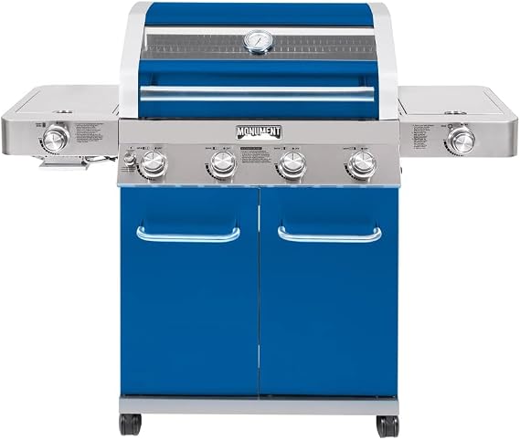 Monument Grills Larger 4+2 Burner Propane Gas Grills Stainless Steel Cabinet Style with Clearview Lid, Knob Controls, Built-In Thermometer, Infrared Side Sear Burners & Side Burners, Blue