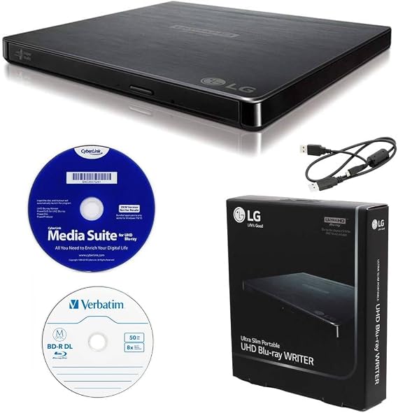 Produplicator LG BP60NB10 Portable 6X Ultra HD 4K Blu-ray Burner External Drive with CyberLink Software, 50GB M-DISC BD-R DL, and USB Cable - Burns CD DVD BD DL BDXL Discs