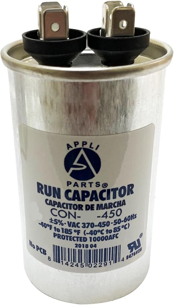 Appli Parts Run Capacitor for ac 15 Mfd uF (microfarads) 370 VAC or 450 VAC CBB65 Round Universal fit for HVAC and Other Applications 3 in High 1-5/8 in Wide CON-15-450