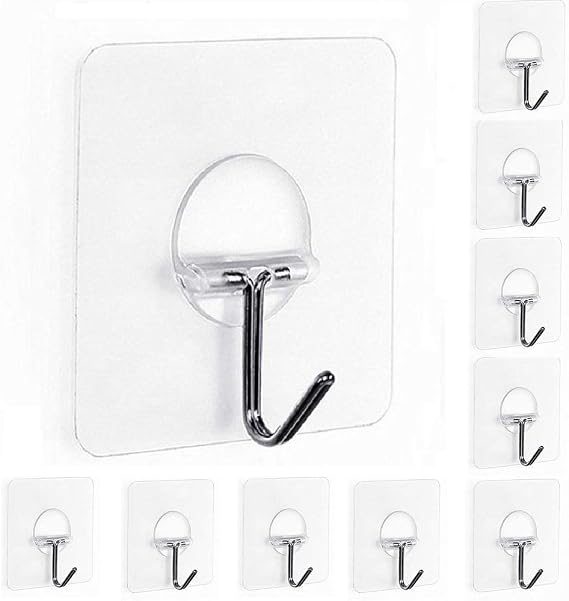 Adhesive Wall Hooks 13.2lb(Max) Utility Stainless Steel Hook for Towel Bathrobe Coats,Bathroom Kitchen Waterproof and Oilproof Nail Free Transparent Heavy Duty Hook & Ceiling Hanger(10pcs)