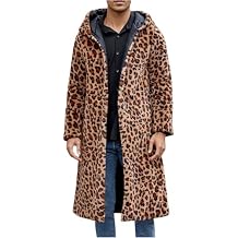 Mens Faux Fur Coat with Hood Leopard Print Open Front Cardigan Plus Size Fleece Jackets Long Fuzzy Jacket