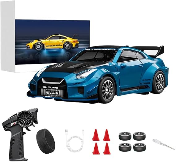 D43-02 1:43 Scale 2.4G Full Proportional 4WD Alloy RC Drift Car with Gyro System, Silent Bearings, Adjustable Speed & LED Lights for Adults, High Speed Remote Control Racing Car