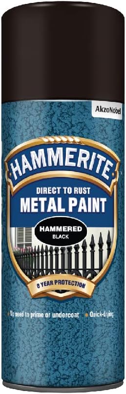 Hammerite Spray Paint for Metal. Direct to Rust Exterior Black Metal Paint, Hammered Finish. Corrosion Resistant Black Paint and Rust Remover, 8 Year Protection - 400ml Aerosol 0.5 SqM Coverage​