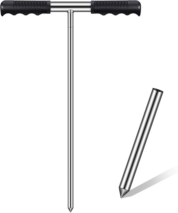 Kanayu Soil Probe Rod, 32-48 Inch Stainless Steel Septic Tank Locator Tool Adjustable Ground Rod with T Handle for Locating Underground Pipes and Gopher Runs, Gardening(48 Inch,Silver)