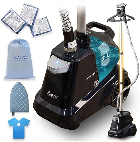 SALAV X3A Heavy Duty Commercial Full-Size Garment Steamer with Foot Pedals and Extra Large 3L (101.5 oz) Water Tank (Navy) and Accessories Pack