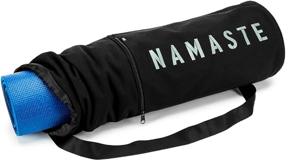 Masaya Namaste Large Yoga Mat Bag - Fits Exercise Mats, Drawstring Carrier for Men Women, Long Breathable Canvas Sling, Deep Front Pocket Zipper, Secret Storage, Adjustable Shoulder Strap