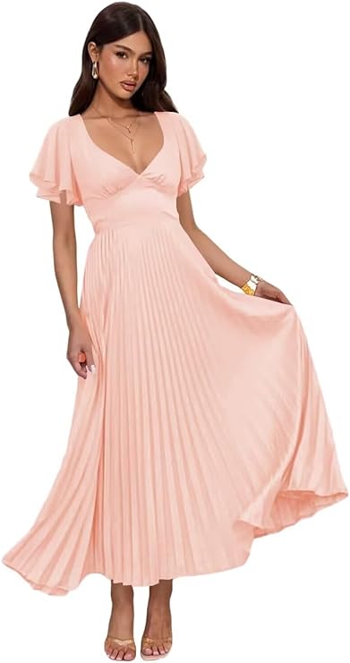 Roxanne Women's Flutter Sleeve Bridesmaid Dresses for Wedding Pleated Satin Tea Length V-Neck Cocktail Party Dress