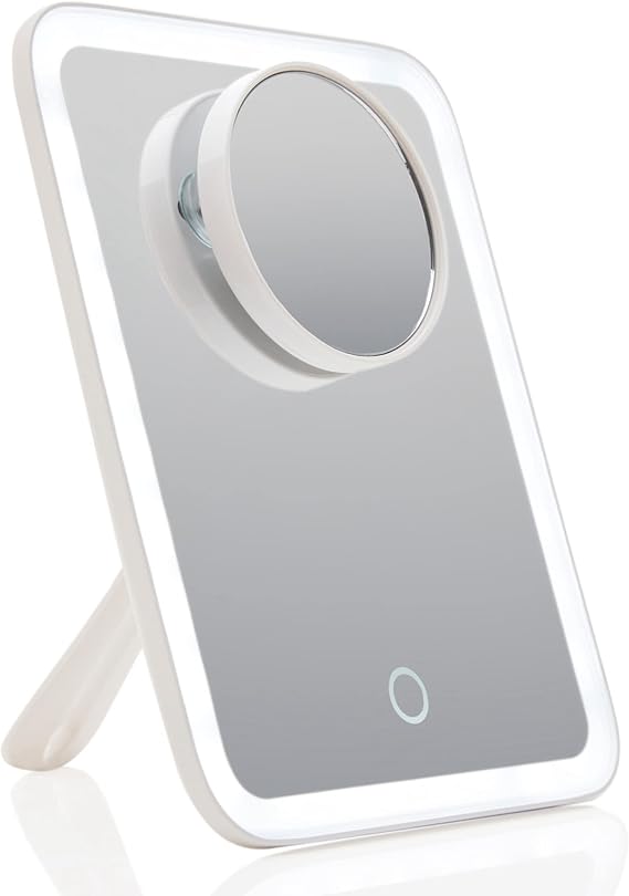 Fancii Rechargeable LED Travel Makeup Mirror with 3 Color Settings - Detachable 10x Magnifying Mirror, Dimmable Touch Light, Adjustable Kickstand, Lighted Portable Vanity Mirror Aura Go 2