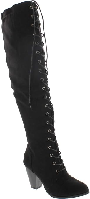 Forever Camila-48 Women's Chunky Heel Lace Up Over The Knee Brown High Riding Boots,Black Suede,8