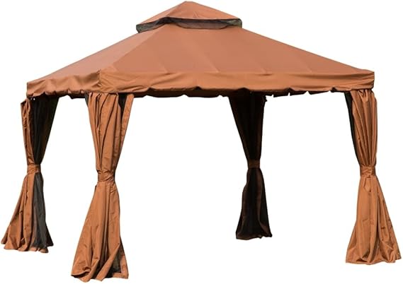 Brown 10' X 10' Patio Gazebo, Outdoor Shelter with Vented Roof, Netting and Curtains, for Garden,Backyard